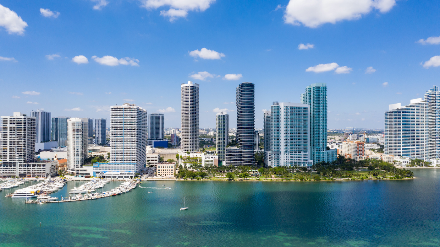 Wide aerial view of the Edgewater skyline