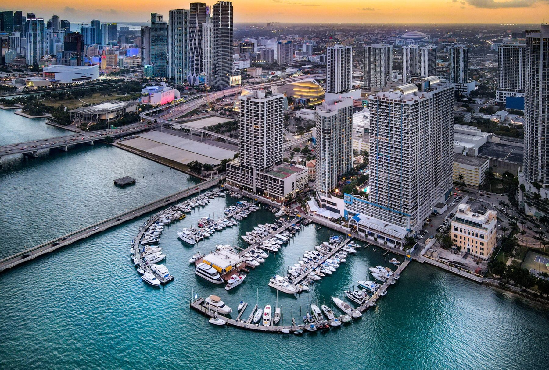 Sea Isle Marina, Edgewater and Downtown Miami at dusk