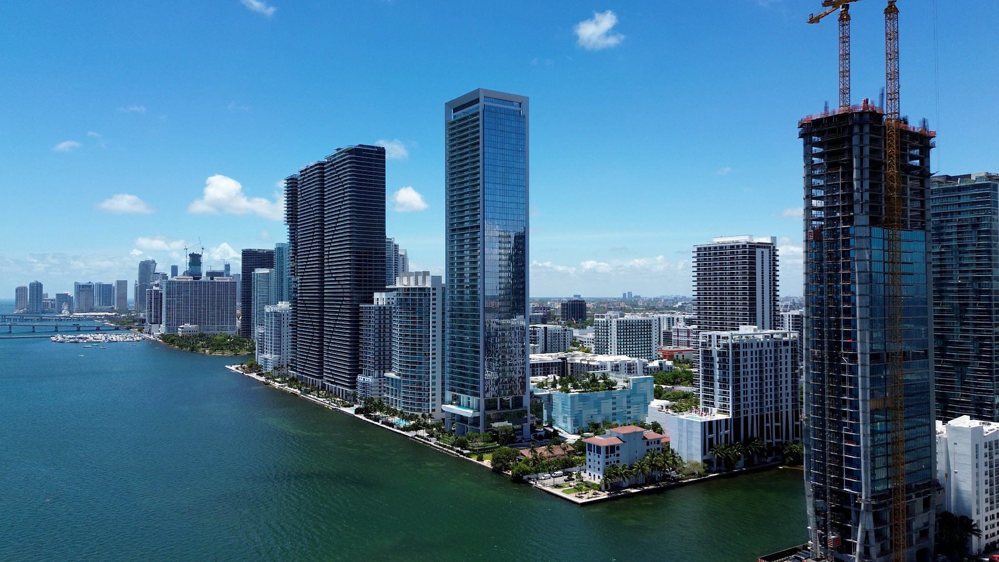Close aerial view of Edgewater waterfront towers