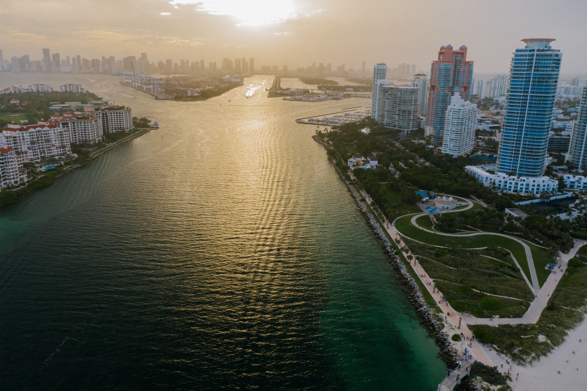 South Pointe Park and Biscayne Bay at golden hour